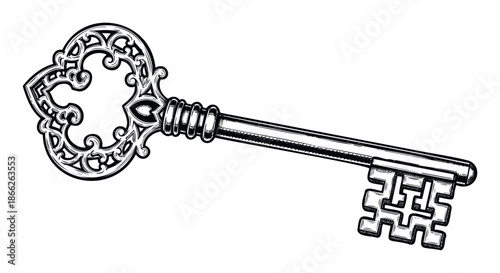 Ornate vintage skeleton key featuring intricate scrollwork and a unique bit design, ideal for themes of security, mystery, or antique presentations