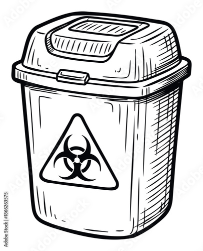 Biohazard waste container for medical sharps and dangerous biological materials safety management in healthcare facilities and laboratory environments for public health awareness