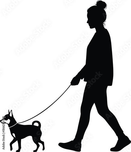 Black silhouette of woman walking small dog on leash vector, lady pet owner strolling with puppy, lifestyle outdoor activity icon for animal care.