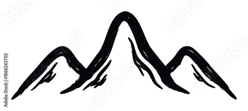 Hand drawn brush stroke mountain range silhouette representing adventure and nature for outdoor brand logos, travel agency promotions, and wilderness exploration themes