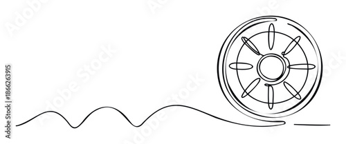 Dynamic continuous line drawing depicting a stylized spinning wheel or spiritual symbol with a flowing wavy path, ideal for modern graphic branding, wellness media, or abstract logo