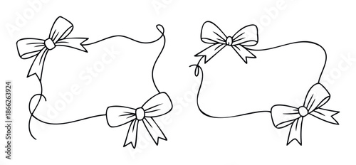 Elegant handdrawn bows and flowing ribbon frames provide charming decorative elements perfect for crafting beautiful wedding invitations, festive greeting cards, and unique scrapbooking