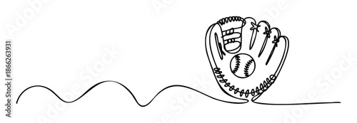 Continuous line drawing of a baseball glove and ball representing sports and athletic leisure, perfect for game event announcements, youth league branding, or minimalist sport themed decor.