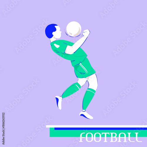 flat vector illustration of a male football player in a green and white uniform chest-trapping a white ball against a light purple background with the text "FOOTBALL" at the bottom.