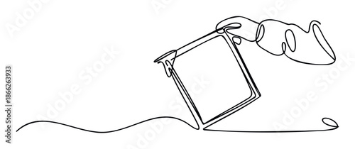 Simple continuous line drawing depicting a human hand carefully holding and pouring contents from a squareshaped container, perfect for educational materials or precise action demonstration.