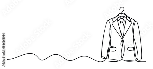 A sleek single continuous line drawing depicts a sophisticated business suit complete with a shirt and tie hanging on a hanger, perfect for corporate branding, professional services, or dry
