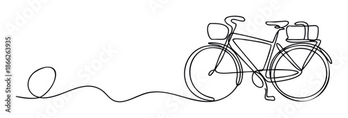 Elegant unbroken line artwork depicting a stylish bicycle complete with a front storage basket and rear luggage rack perfect for advertising sustainable travel, urban mobility, or