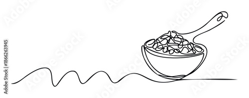 Continuous line drawing of a breakfast cereal bowl with a spoon filled with grains and a wavy line for a healthy food or morning meal concept, perfect for food blogs or menu backgrounds.