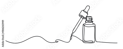 Continuous line drawing of a cosmetic serum dropper bottle with a pipet for beauty product application, perfect for skincare packaging or wellness branding
