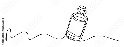 Continuous black line sketching a tall elegant spirit bottle with a flowing abstract stroke ideal for sleek branding, sophisticated product presentation, or contemporary graphic assets.