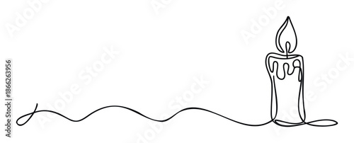 A minimalist continuous single line drawing depicts a burning candle with wax dripping, providing a simple yet evocative visual for themes like remembrance, hope, or celebration and