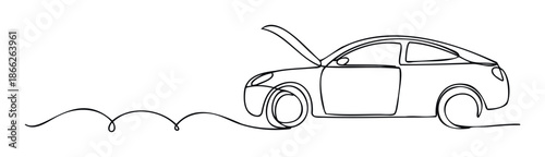 Simple black line drawing of a broken down automobile with its hood and drivers side door open, great for representing vehicle issues or assistance services.