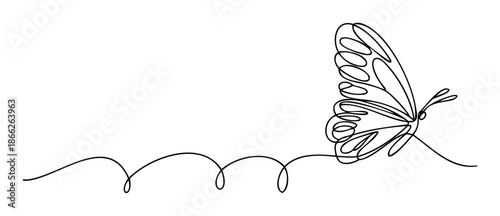 Continuous oneline drawing portraying a graceful flying butterfly with dynamic movement, ideal for contemporary visual communication, serene posters, or sophisticated digital presentations.
