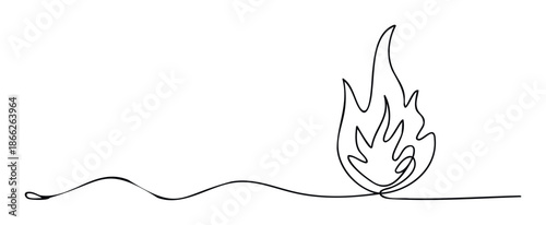 A minimal single continuous line drawing depicting a stylized flame symbolizing energy and warmth for various graphic design projects and conceptual marketing materials.