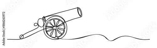 Continuous single line drawing of an antique cannon with wheels, depicting history and warfare, perfect for educational materials, historical presentations, or graphic design projects.