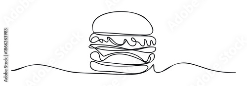 Minimalist continuous line drawing depicting a delicious hamburger with its layered components, ideal for contemporary food branding, quick service eatery promotions, and culinary themed