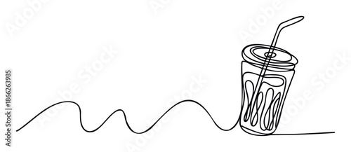 Continuous line drawing of a refreshing iced drink cup with a straw, perfect for summer menus, beverage promotions, or cafe branding advertisements