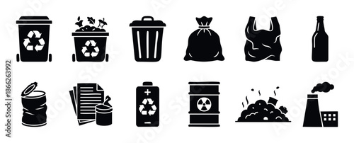 Comprehensive set of waste management and recycling icons depicting various trash types, bins, and pollution sources for environmental campaigns and educational materials