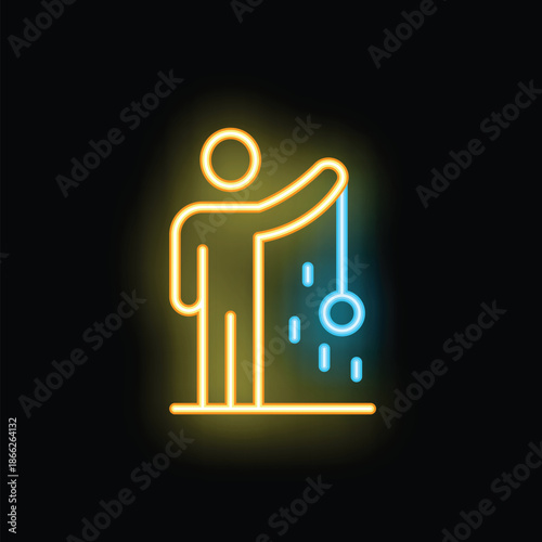 Neon sign of a street performer juggling using a yo yo, with a black background