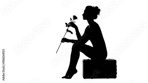 Woman sitting on box holding flower in profile view