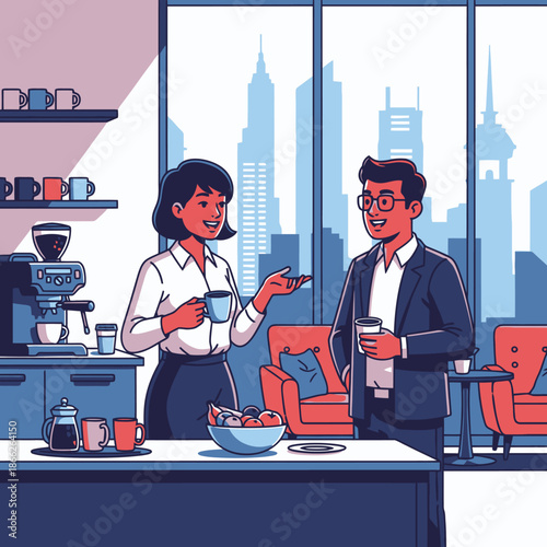 Flat 2D graphic illustration of two smiling young colleagues enjoying a relaxed coffee break and positive conversation in a bright corporate lounge area