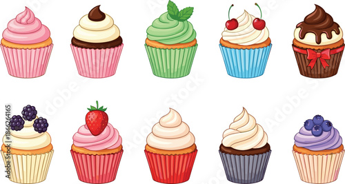 Cupcake collection featuring flat vector designs of various colorful muffins with frosting toppings including cherries strawberries blueberries blackberries mint and chocolate bows.