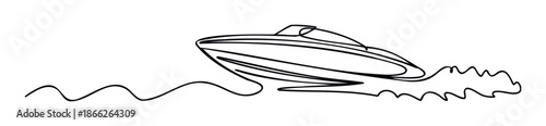 Dynamic continuous line drawing depicting a speeding boat on water leaving a wavy trail, perfect for marine lifestyle advertisements, summer vacation promotions, or travel blog headers.