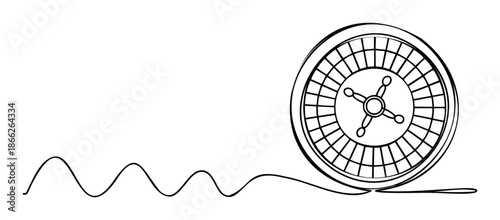 A single continuous line drawing of a roulette wheel with an undulating line suggesting motion, perfect for graphic design projects related to casino games, betting, and entertainment