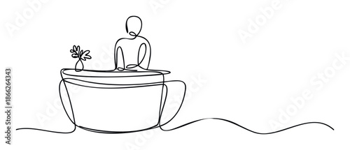 Continuous line drawing of a person sitting at a table with a small plant in a vase, creating a simple minimalist graphic for lifestyle and wellbeing applications.