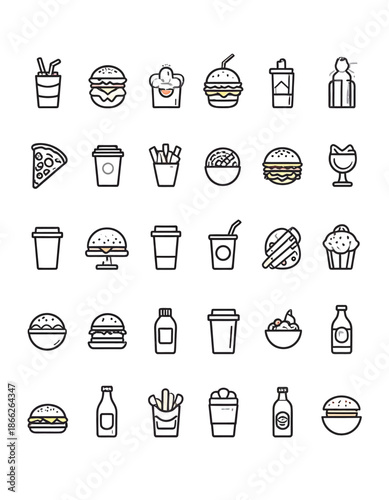 Collection of fast food and drink icons, including burgers, pizza, fries, ice cream, and beverages for design