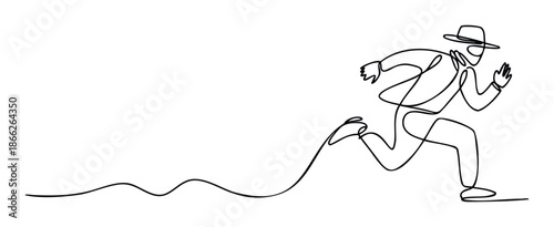 Energetic continuous line drawing showing a man wearing a hat and jacket in motion, conveying concepts of speed, achievement, or swift action, ideal for modern graphic projects and