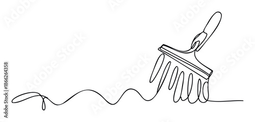 Continuous line drawing of a paintbrush creating a dynamic wavy stroke, perfect for graphic designers seeking minimalist branding elements or engaging marketing material.