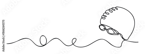 Minimalist continuous line drawing of a swimmer wearing a cap and goggles capturing fluid motion and focus for sports and wellness brand applications