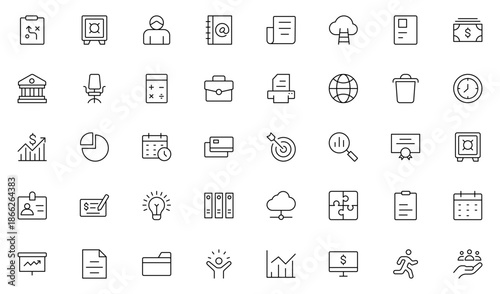 Office And Business icon set. Business and Finance web icons in line style. Money, bank, contact.Thin outline icons pack. Vector illustration