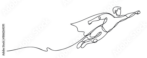 Energetic continuous line drawing of a flying superhero figure with a flowing cape, symbolizing power and speed for inspirational branding and modern graphic projects