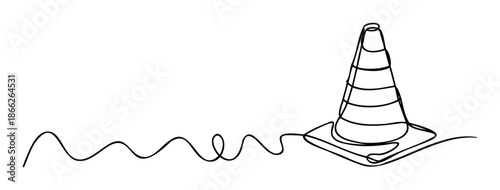 A fluid single black line continuously draws an industrial safety cone, symbolizing construction, caution, and process development for project management, warnings, or conceptual