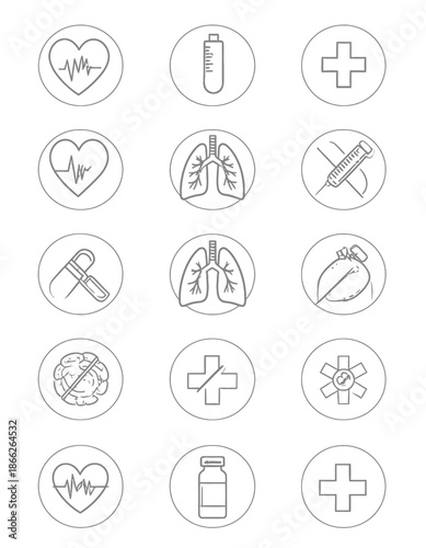 Medical and Healthcare Icons Set Heartbeat, Lungs, Syringe, Brain, Pharmacy Cross, and DNA Symbol