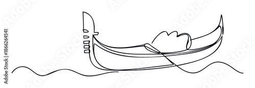 Elegant minimalist one line artwork of a traditional boat gliding on wavy water, ideal for travel agency promotions, tourism brochures, and vacation advertisements and media.