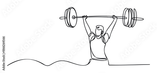 Strong athlete performing a clean and jerk weightlifting exercise with a heavy barbell overhead, illustrating strength training and athletic achievement for sports marketing and fitness