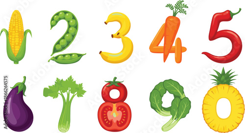 Fruit and vegetable number collection featuring flat vector designs of healthy produce shaped like numerals from zero to nine for education design.