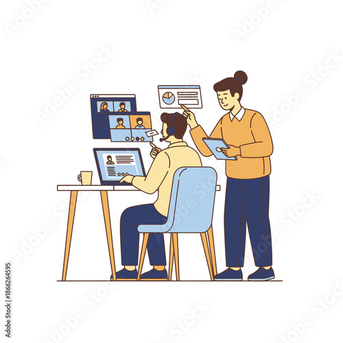 2D flat graphic illustration of hybrid work Professional on a laptop attends a call, collaborates with a colleague in a bright home office, featuring a vibrant green plant