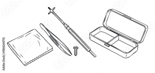 Essential contact lens accessory set featuring an inserter, tweezers, cleaning cloth, and open storage case for comprehensive eye care and daily hygiene.
