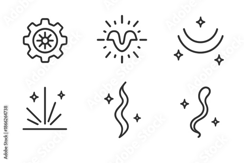 Luminous Gear Icons. Line style icons of Digital Divinity: luminous gear, glowing pulse, curved pattern, radiant energy line,