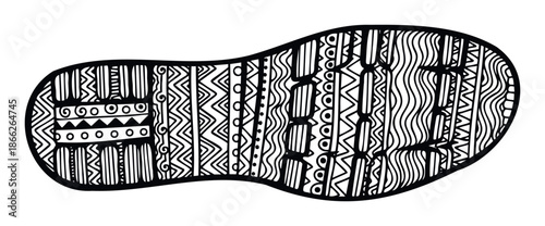 Black and white abstract tribal patterned shoe sole outline for fashion design textile printing decor and unique craft projects