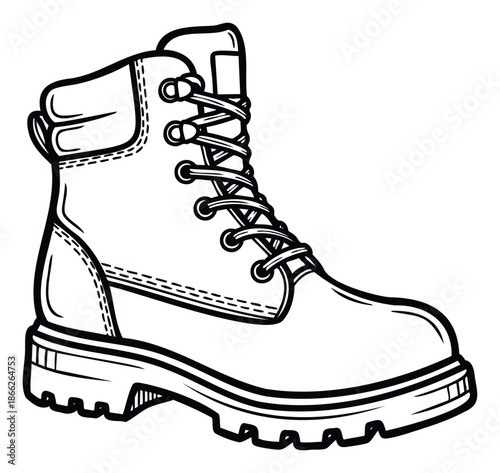 Sturdy black outline work boot with thick sole and laces representing durability and protective footwear for construction, outdoor work, or rugged fashion projects