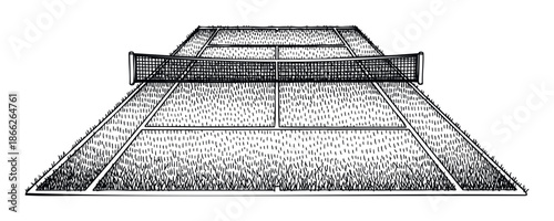 Hand drawn sketch of a grass tennis court with net, ideal for sports event promotions, game illustrations, or athletic club advertisements