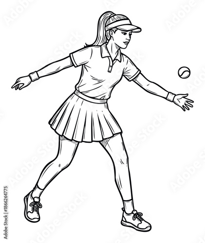 Dynamic female tennis player in a sportive stance with a tennis ball in motion, perfect for active lifestyle promotions, sports academy graphics, and fitness motivation materials