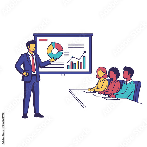 A confident male executive delivers a successful strategic business presentation to an attentive audience using a large digital projector screen in this vibrant 2D flat graphic illustration