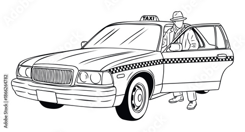 Professional outline of a vintagestyle taxi cab featuring a smartly dressed man in a fedora hat exiting the vehicle, ideal for illustrating urban transport, travel services, or period