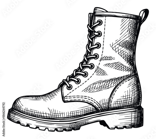 Classic hand drawn black and white combat boot with prominent laces and rugged sole suitable for fashion apparel projects or outdoor gear advertisements